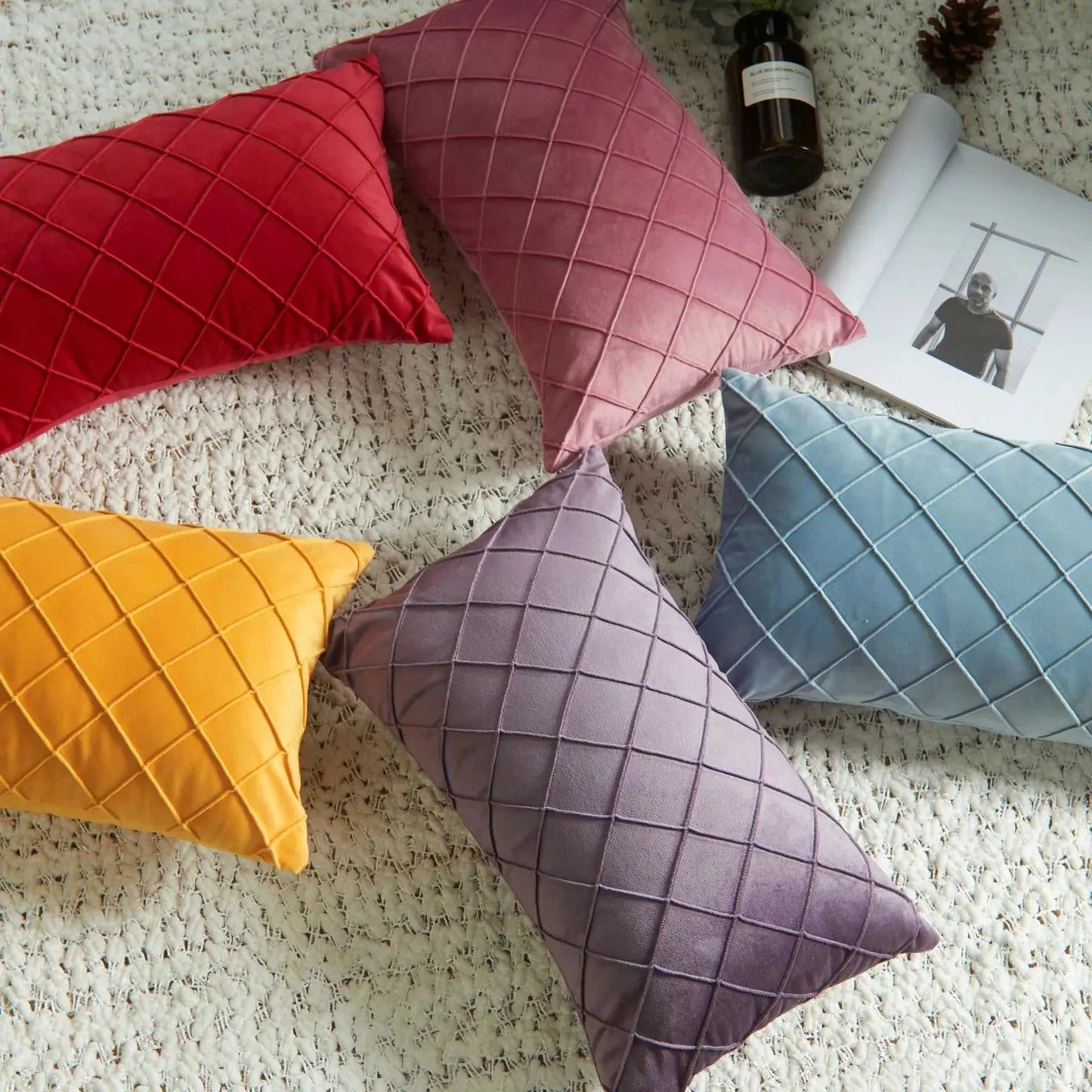 Souk Velvet Diamond Check Throw Pillow Cover - Soft Solid Color Cushion 14:200002984#PURPLE;5:202949817#30X50cm Cushion Covers