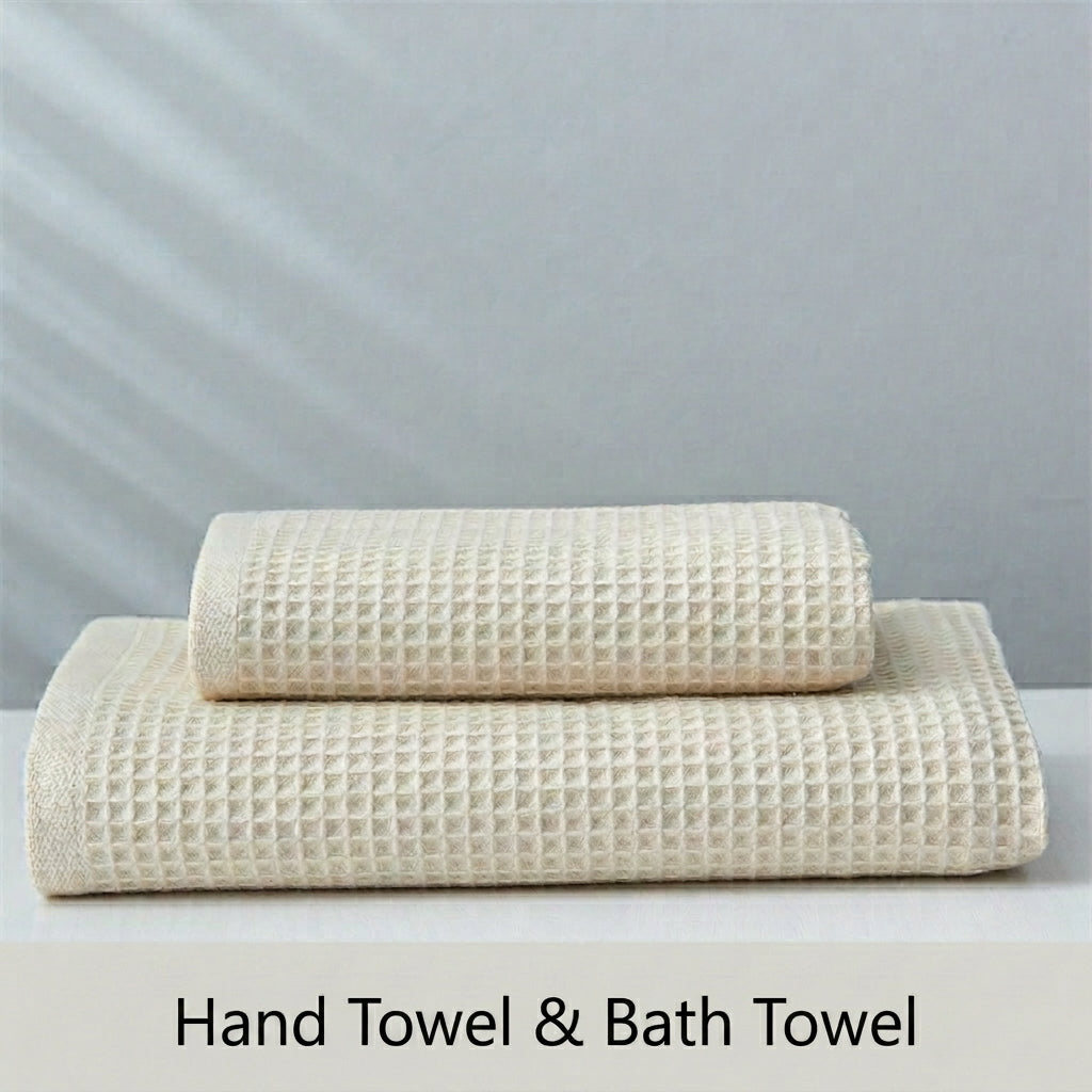 Subako waffle weave towel set in beige – hand towel and bath towel, luxury cotton