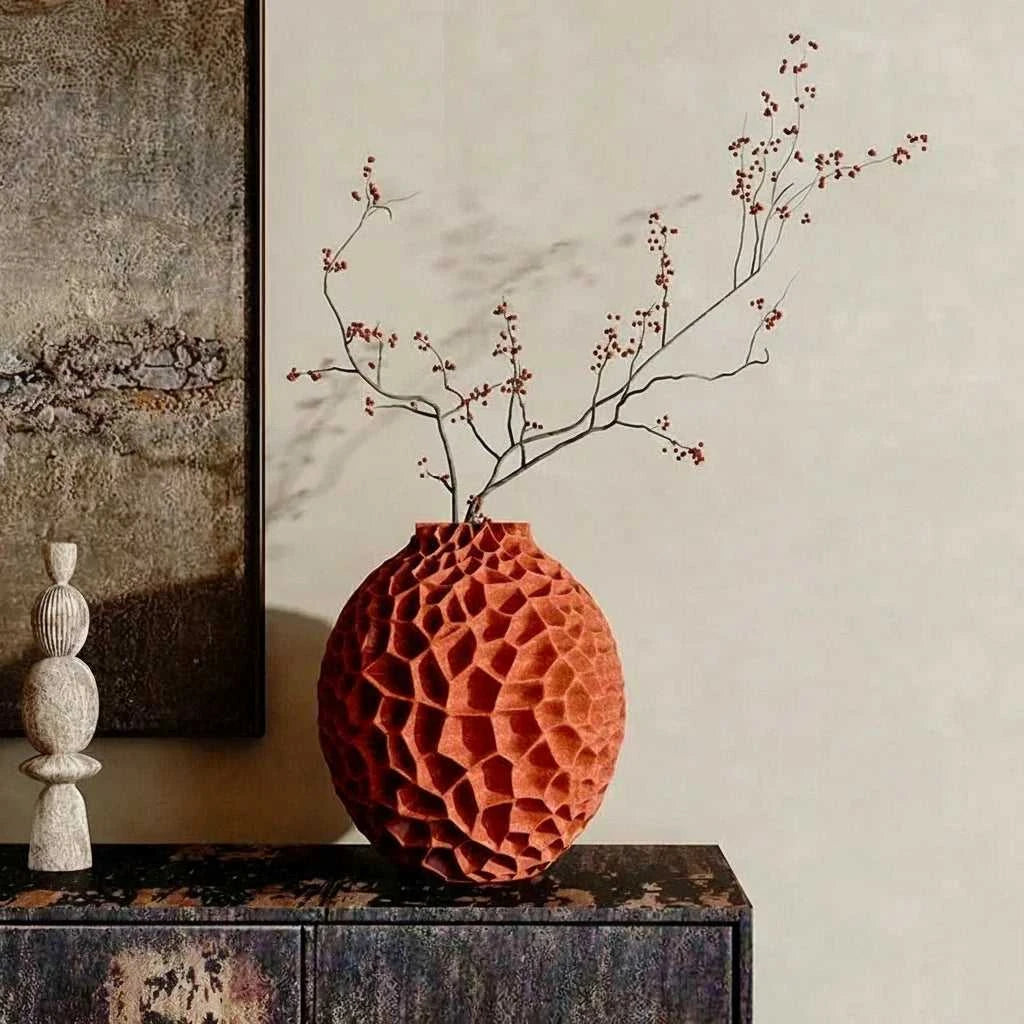 Panal Honeycomb Ceramic Vase - Modern Textured Porcelain Flower Vase 14:29#Orange-S vase