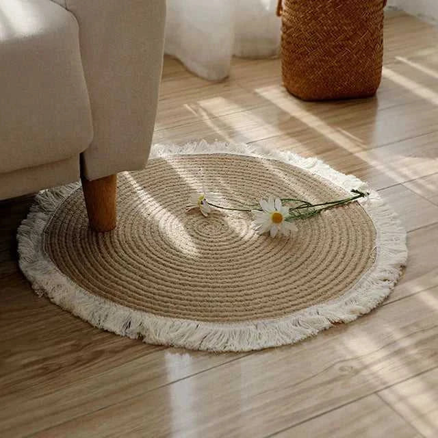 Veneta Handmade Round Jute Rug with Tassel - Natural Woven Rattan Carpet 14:366#A;5:201336412#45cm Small Floor Mats