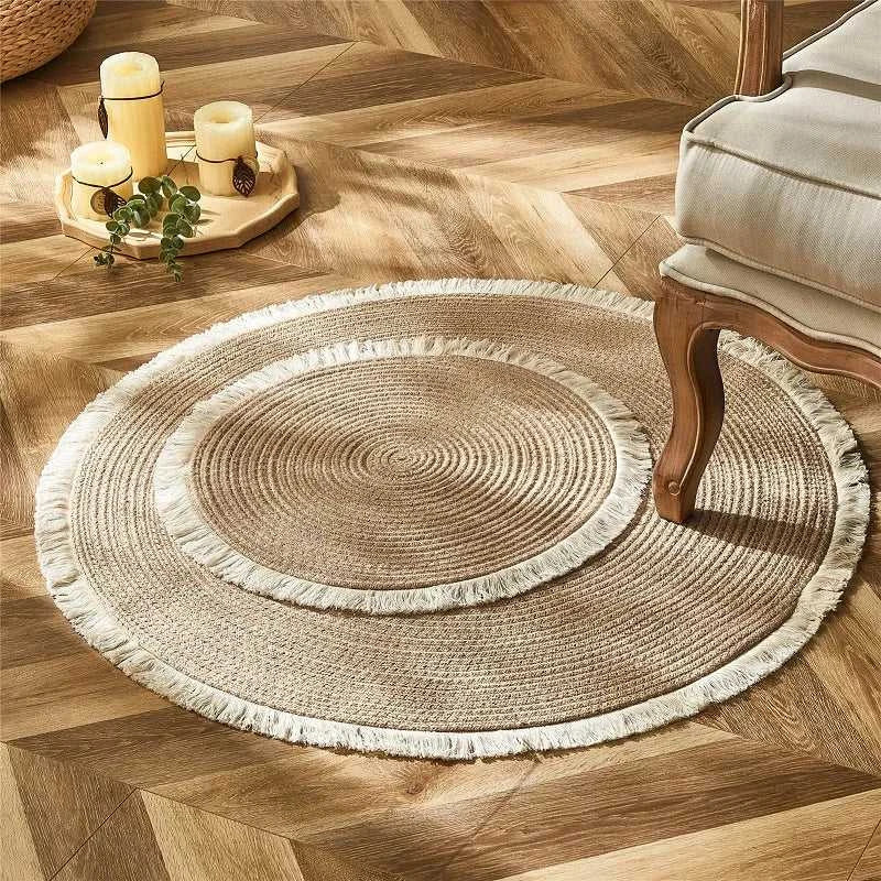 Veneta Handmade Round Jute Rug with Tassel - Natural Woven Rattan Carpet 14:366#A;5:201336412#45cm Small Floor Mats