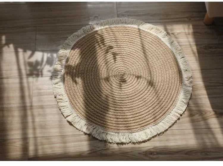 Veneta Handmade Round Jute Rug with Tassel - Natural Woven Rattan Carpet 14:366#A;5:201336412#45cm Small Floor Mats