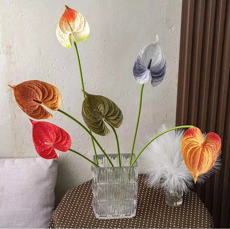 10Pc/lot PU Artificial Flowers Anthurium Bridal Bouquet Wedding Decoration Fake Palm Flowers Home Party Table Floral Arrangement 14:365458#Brown Artificial Flowers