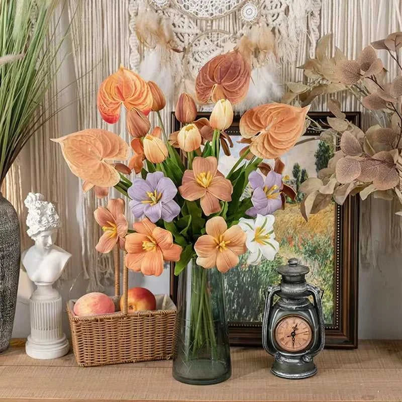 10Pc/lot PU Artificial Flowers Anthurium Bridal Bouquet Wedding Decoration Fake Palm Flowers Home Party Table Floral Arrangement 14:365458#Brown Artificial Flowers