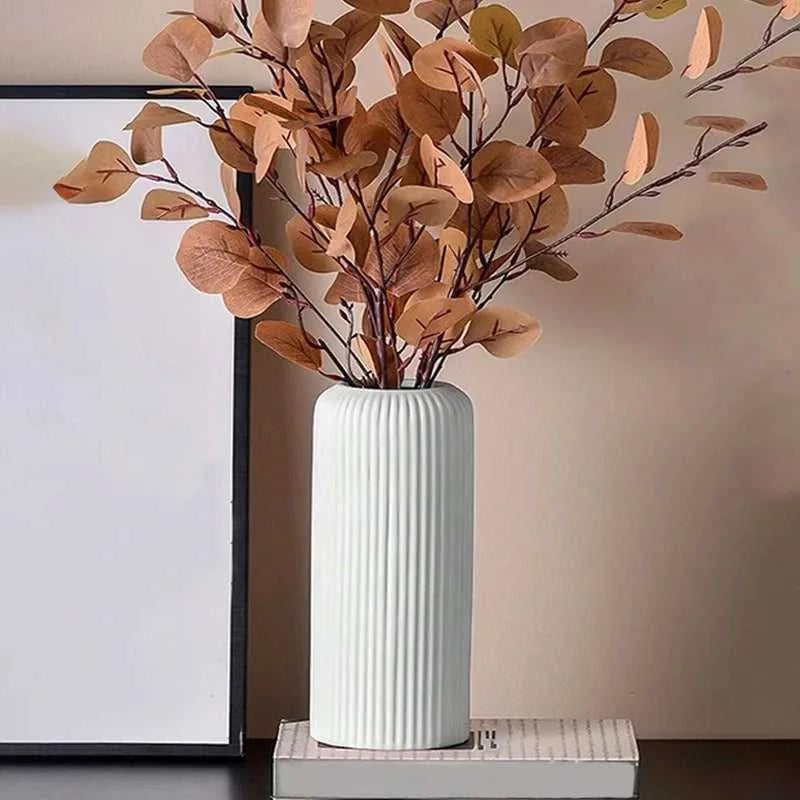 Vike Striped Ceramic-Look Plastic Vase - Durable Decorative Flower Display 14:29#White vase