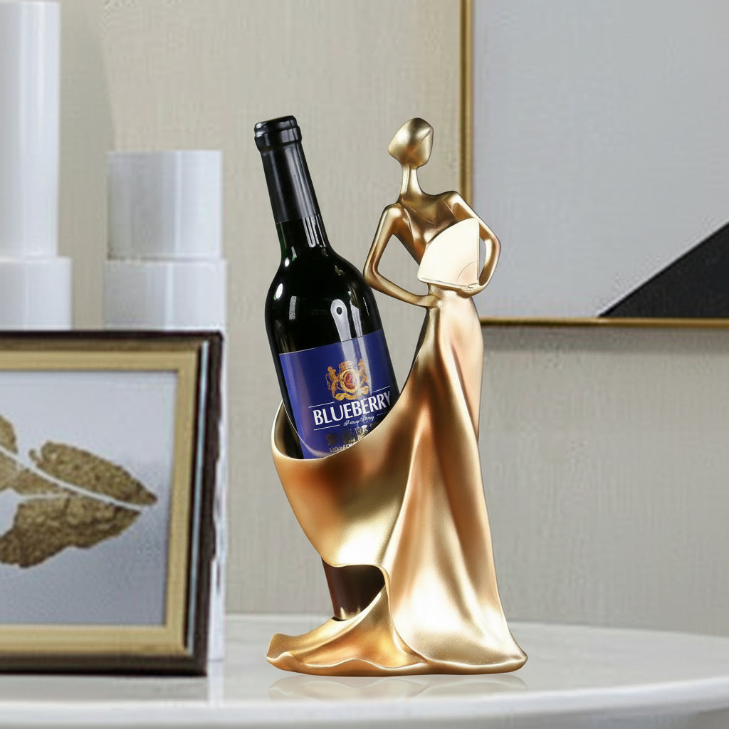 Countertop wine bottle holder sculpture styled in modern home living space