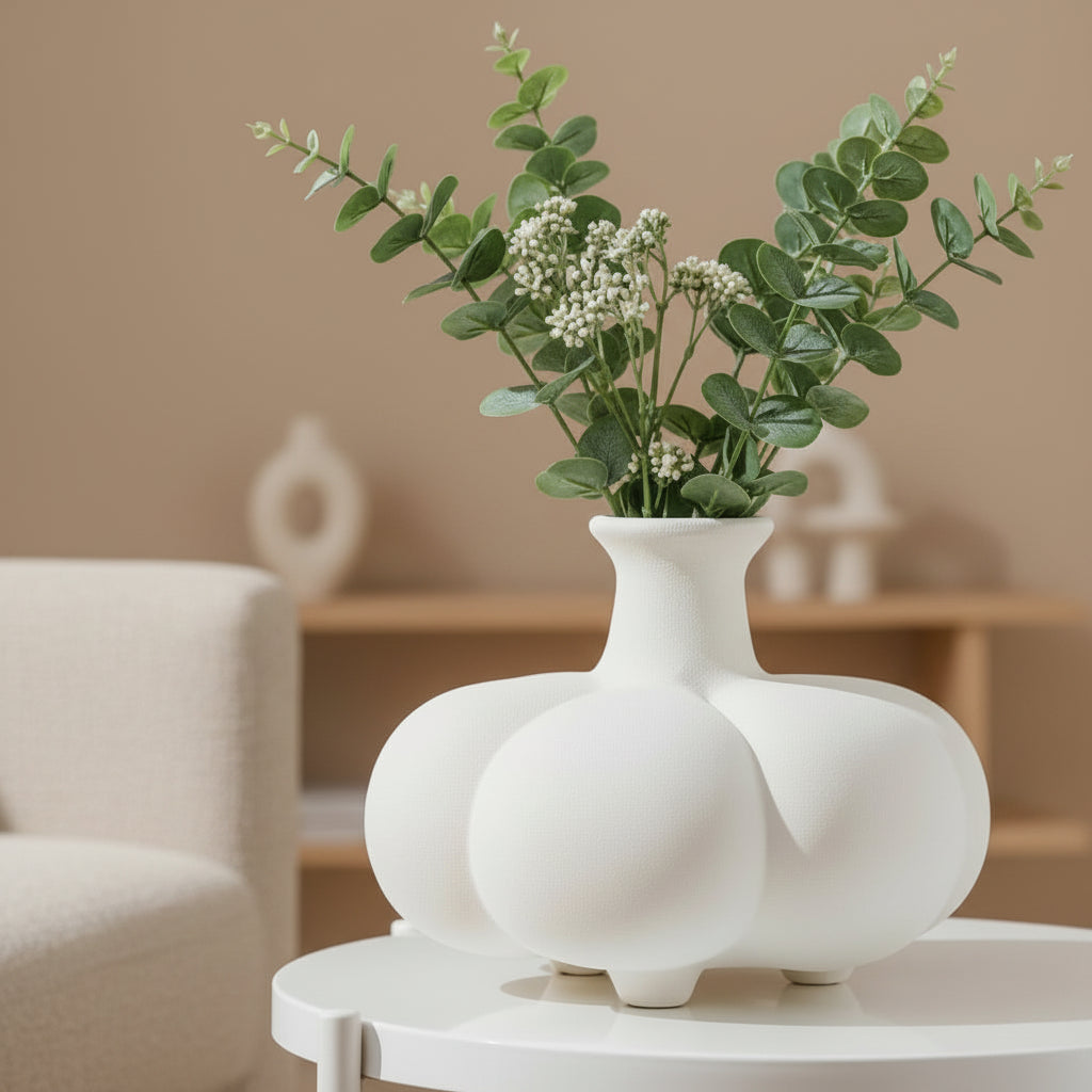 Ceramic Vase White Garlic Flower Vase Abstract Geometric Porcelain Pot Floral Arrangement Accessories Home Decoration 14:200006151#25x17.5cm vase