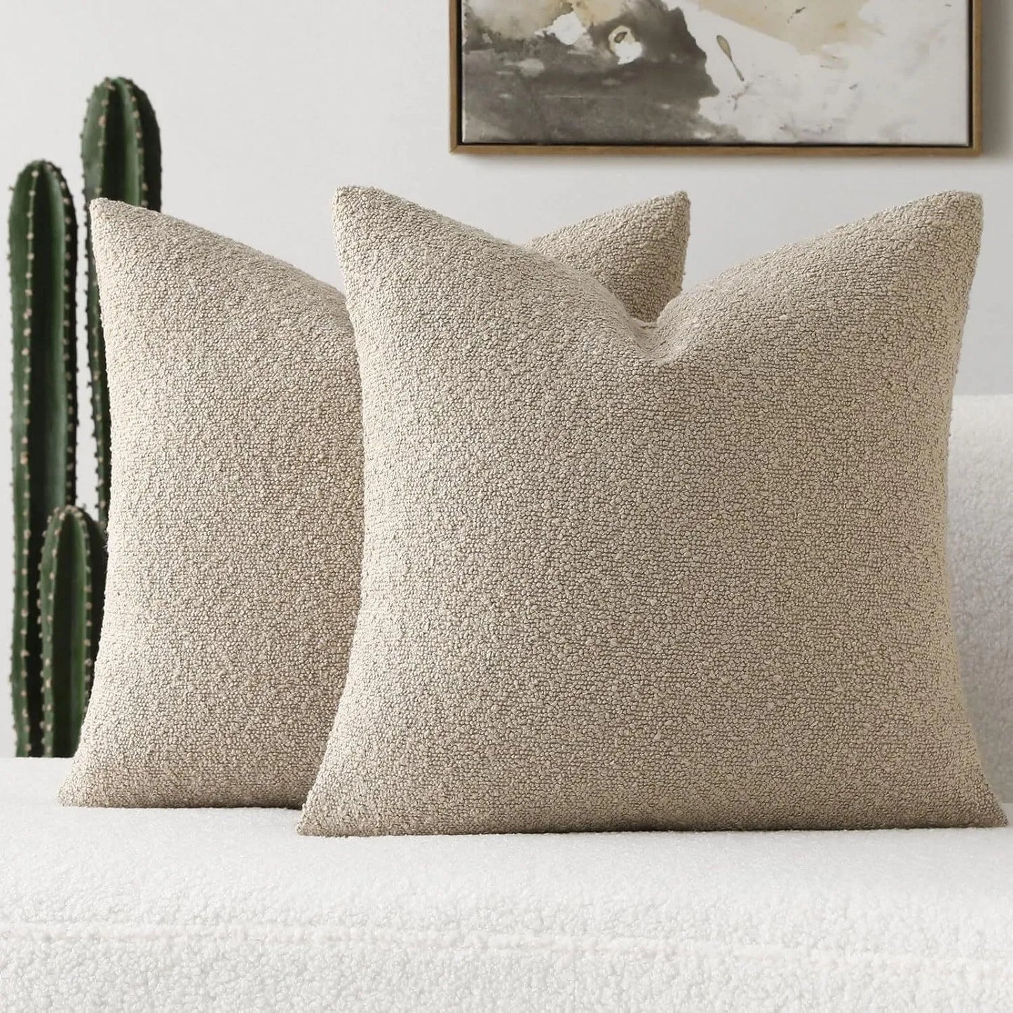 Xoco khaki teddy fleece pillow cover styled on modern sofa in contemporary living room